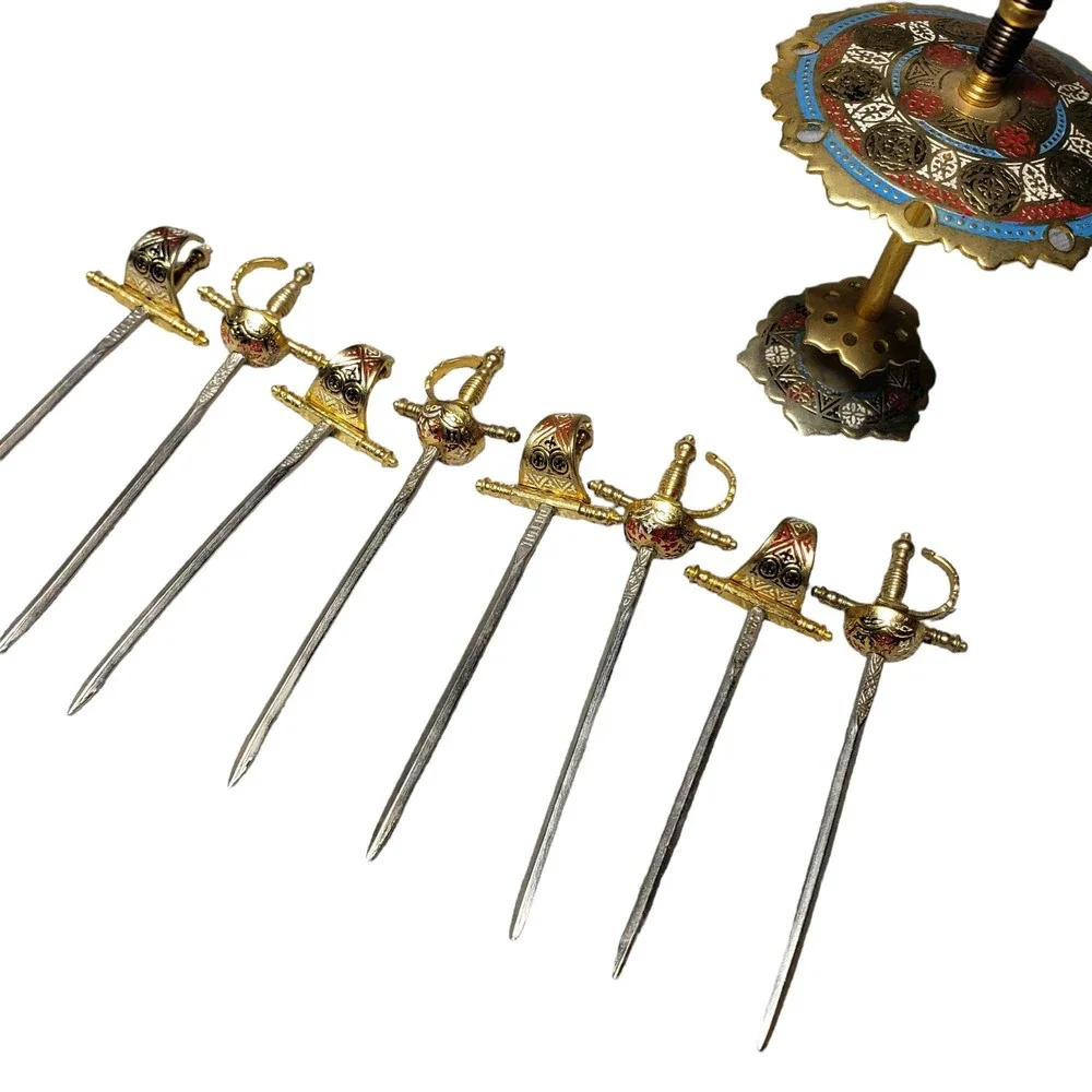 Vintage Brass 8 Sword Appetizer Hors D'oeuvre Pick Set